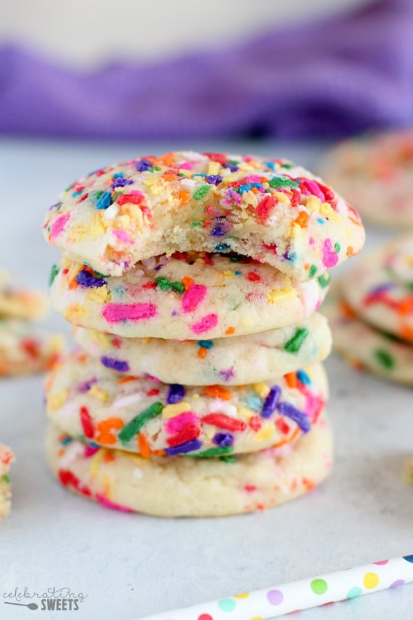 Stack of sprinkle cookies.