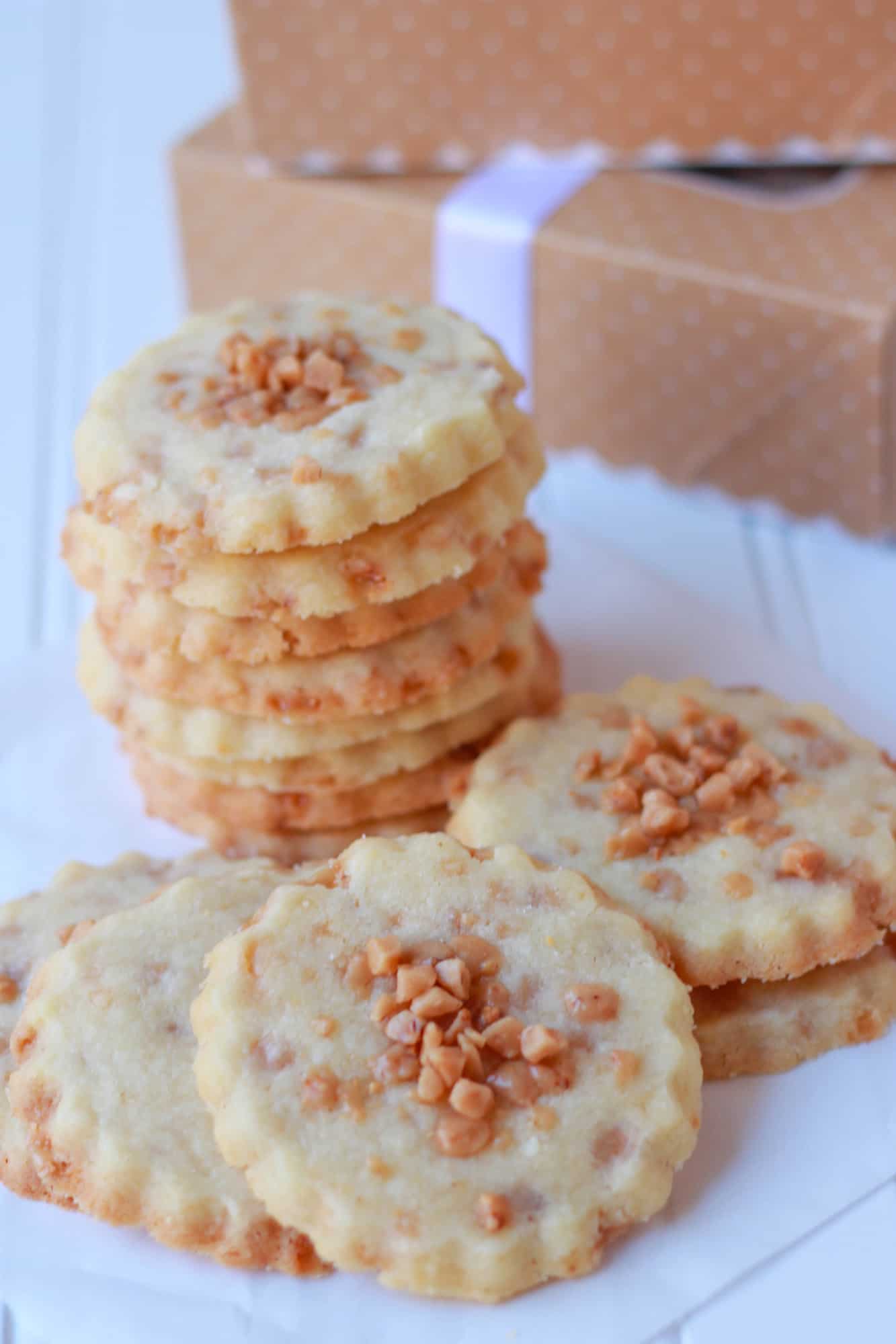 Shortbread cookies on a white board.