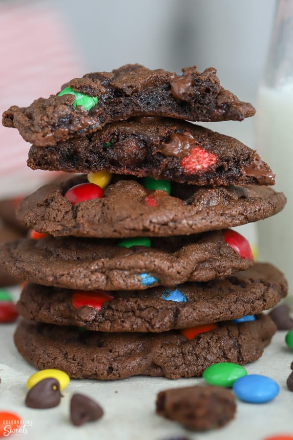 Stack of Chocolate M&M Cookies.