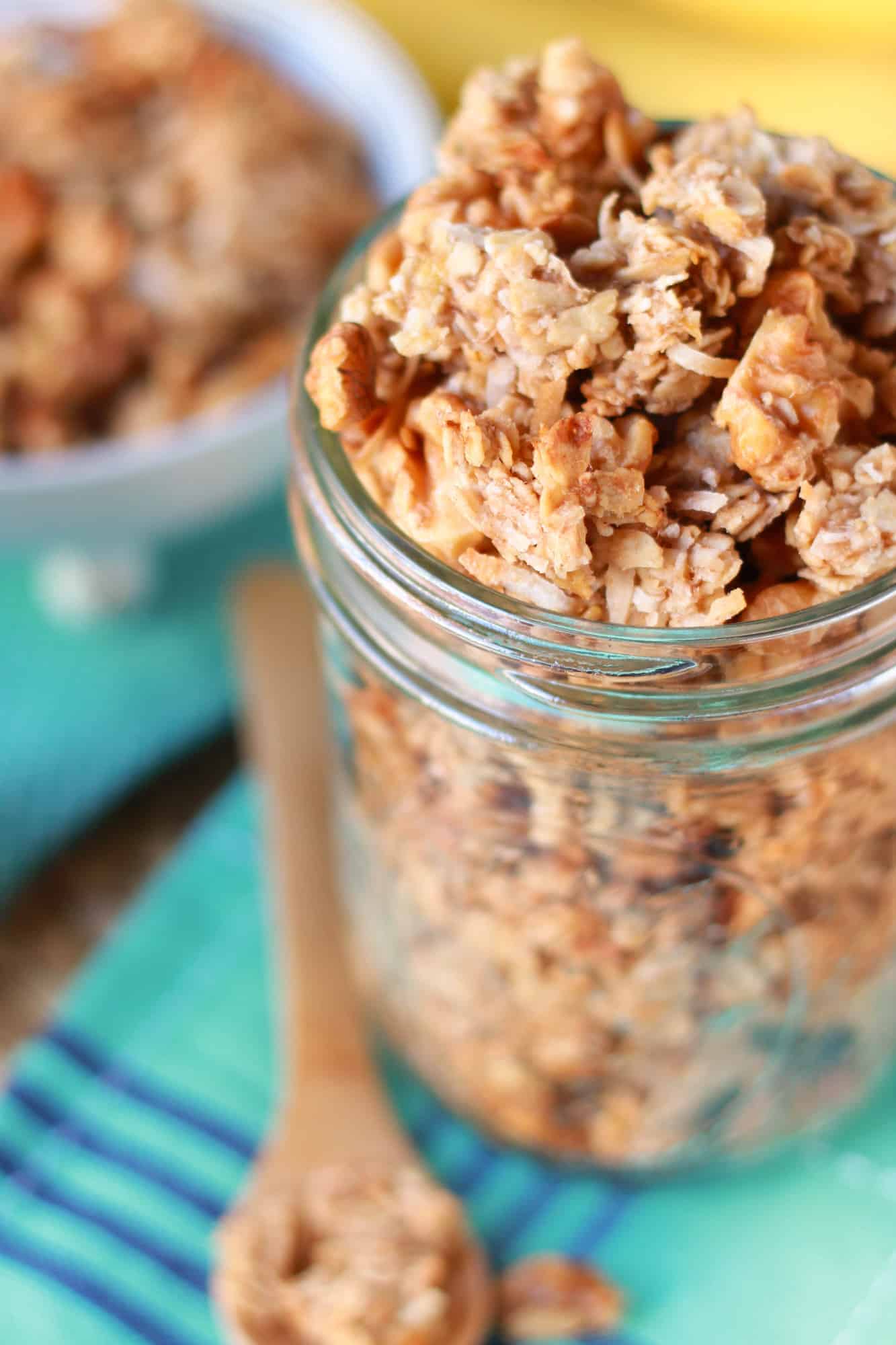 Banana granola in a glass jar. 