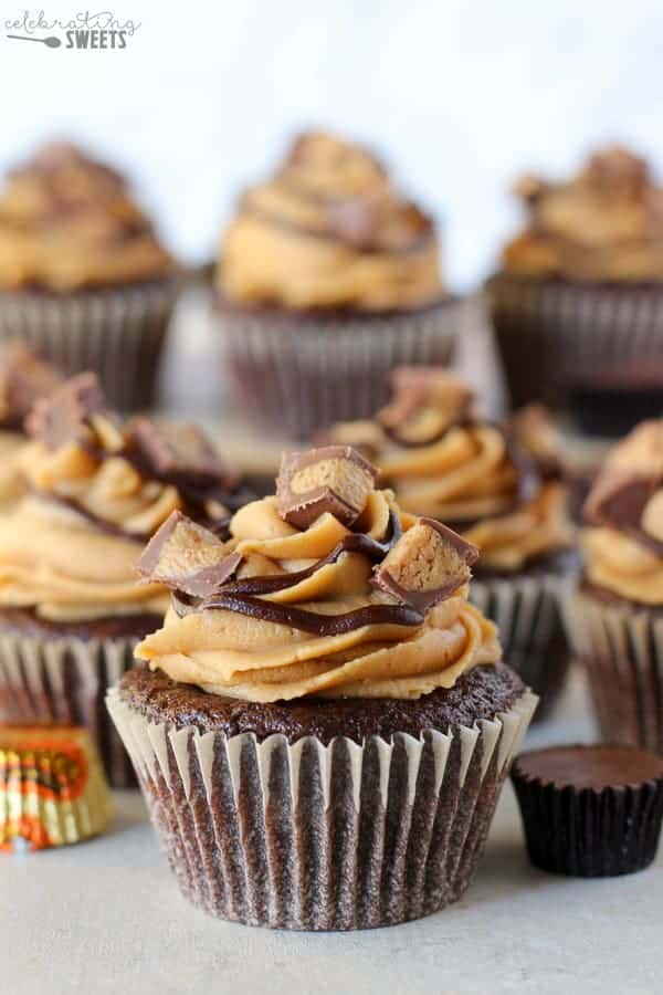 Chocolate cupcakes with peanut butter frosting topped with chopped peanut butter cups. 