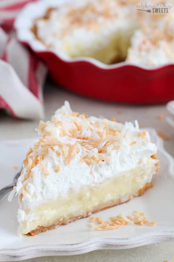 Coconut Cream Pie on a white plate.