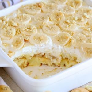 Banana Pudding dessert in a white casserole dish.