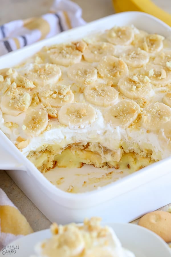 Banana Pudding dessert in a white casserole dish.