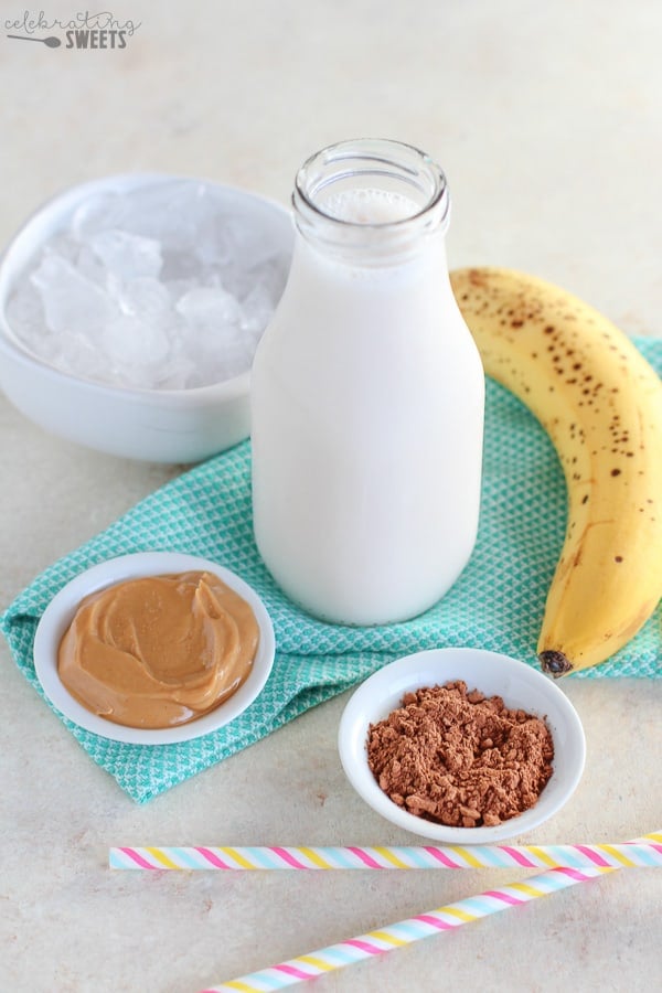 Ingredients for a chocolate peanut butter smoothie