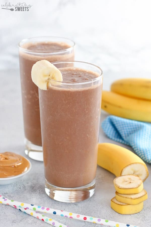 Chocolate peanut butter banana smoothie in a glass