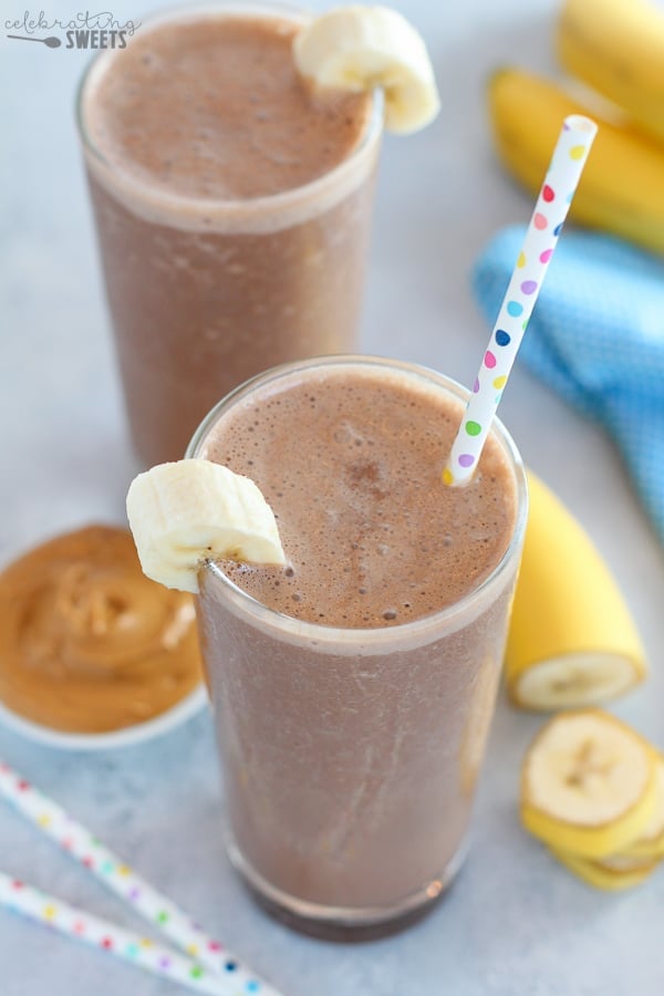 Chocolate peanut butter banana smoothie in a glass