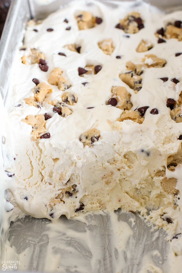 Cookie dough ice cream in a loaf pan.
