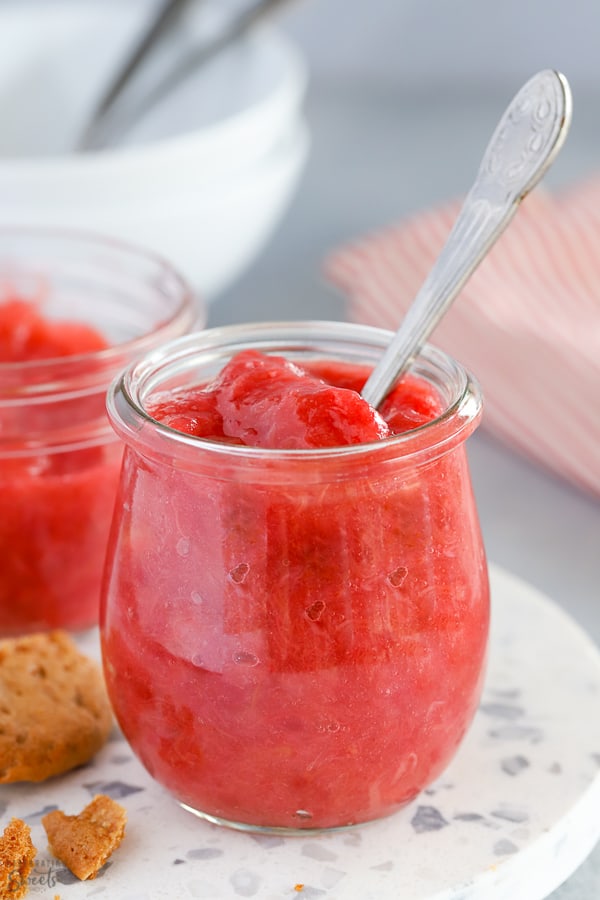 Rhubarb Sauce in a glass jar.