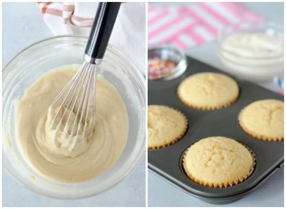 Vanilla cake batter and freshly baked cupcakes in a pan.