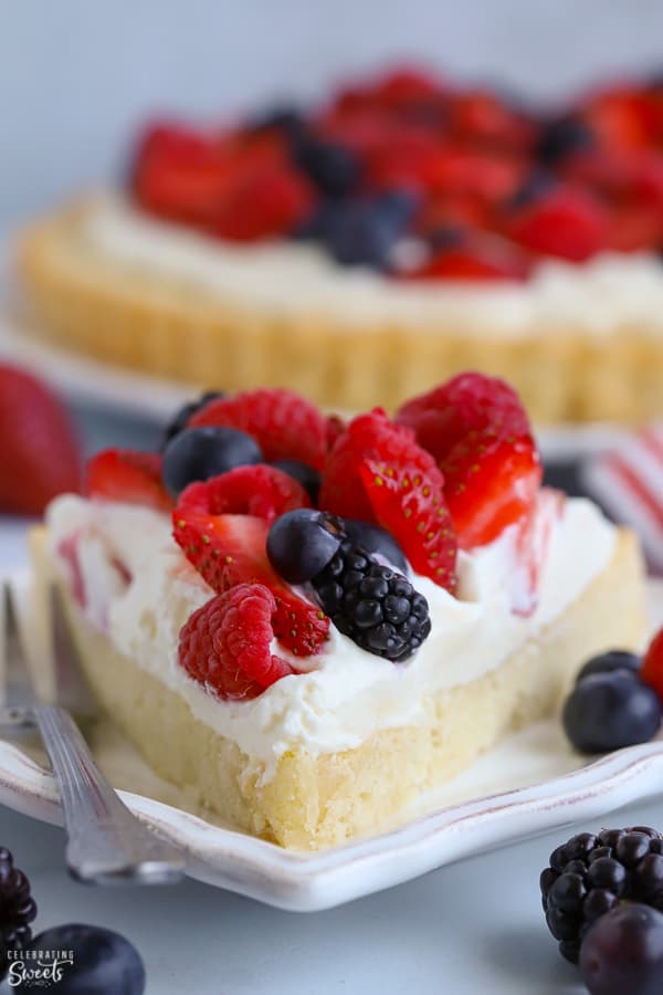 Slice of fruit tart on a white plate topped topped with berries. 