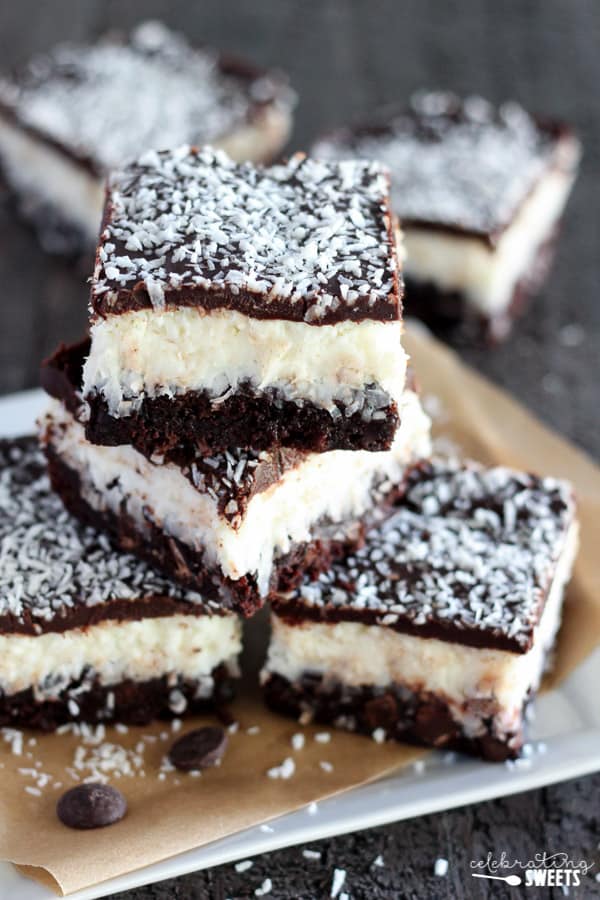 Stack of coconut brownies. 