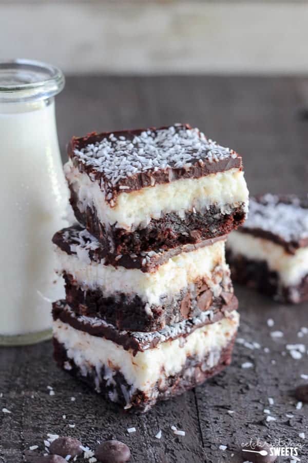 Chocolate Coconut Brownies - Fudgy brownies topped with a layer of creamy sweet coconut, and finished with a smooth chocolate ganache. Use your favorite boxed or homemade brownie recipe for this decadent triple layer dessert.