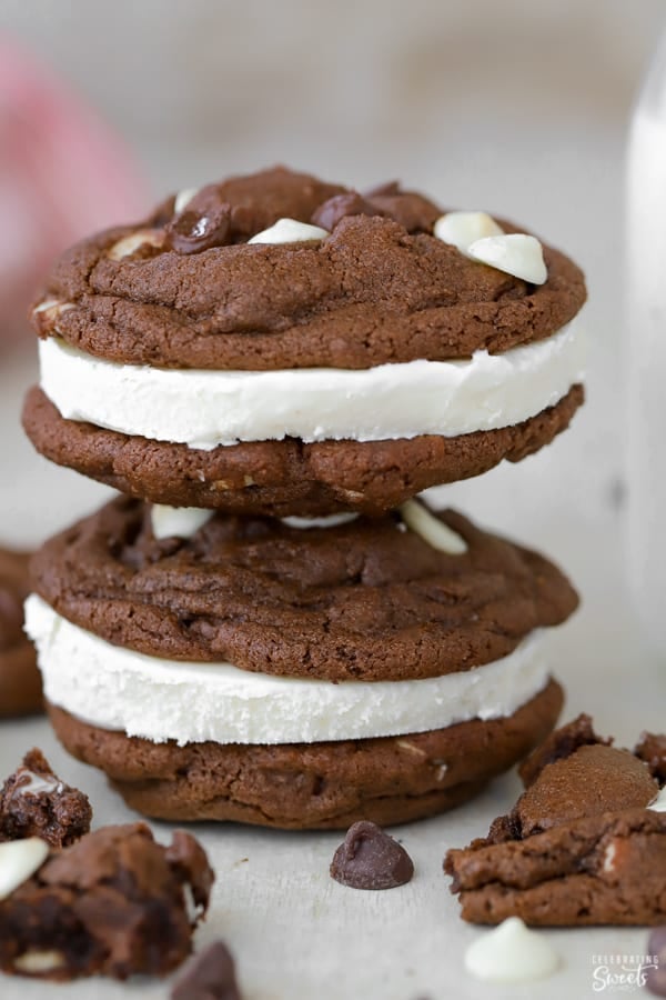 Two ice cream sandwiches made with chocolate cookies and vanilla ice cream.