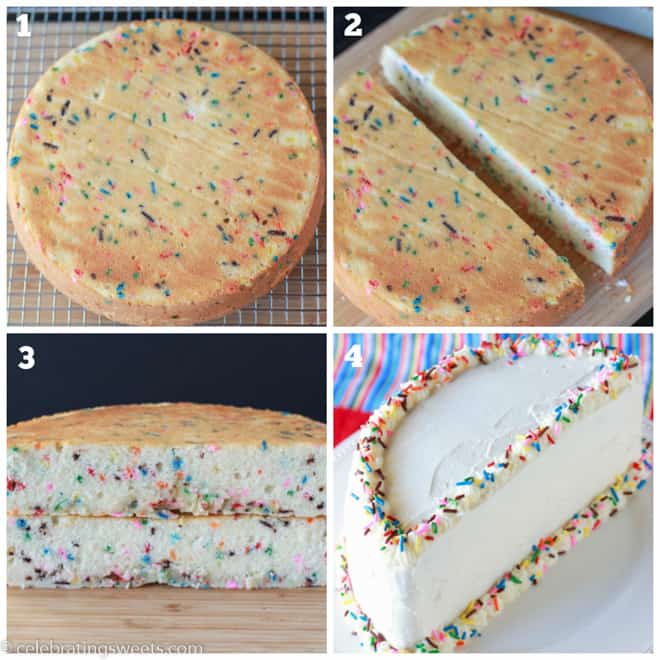 Half birthday cake with white frosting and colored sprinkles. 