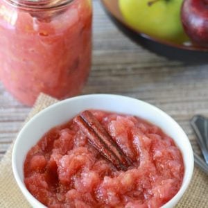 Pink applesauce in a white bowl with a cinnamon stick.