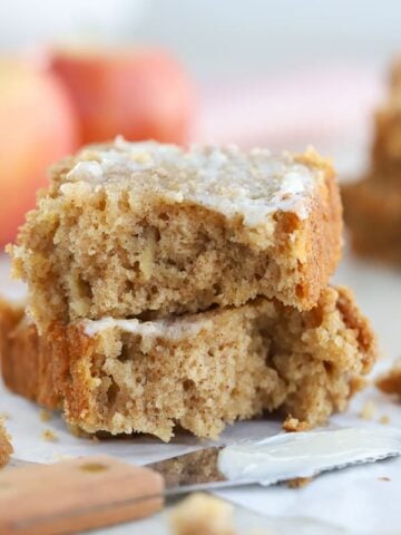 Two slices of apple bread stacked on top of each other.