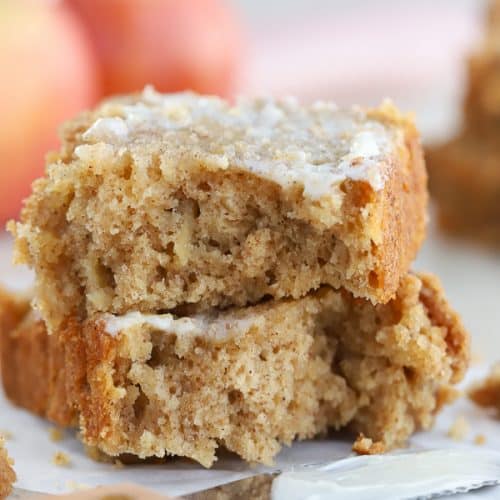 Two slices of apple bread stacked on top of each other.