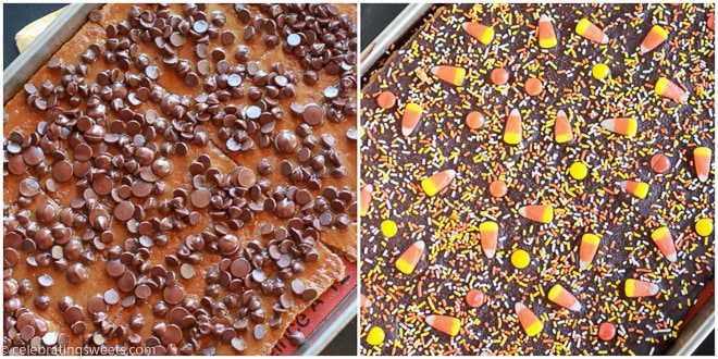 Toffee bark topped with candy corn and halloween sprinkles.
