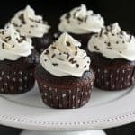 Five chocolate cupcakes topped with vanilla frosting.