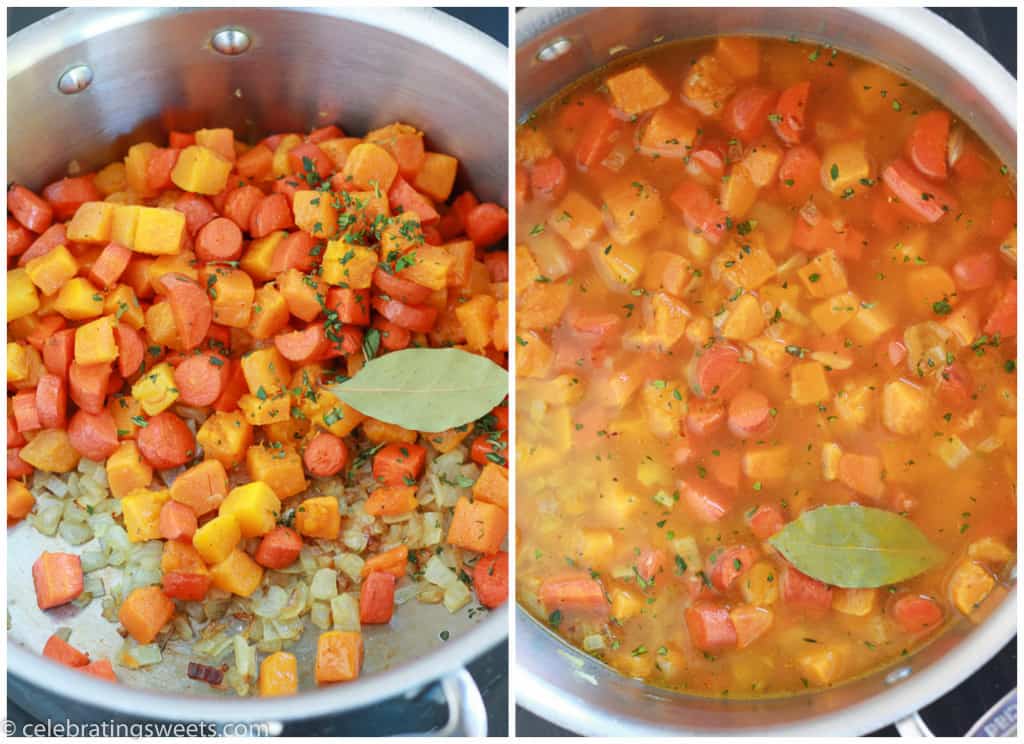 Chopped butternut squash and carrots in a saucepan.