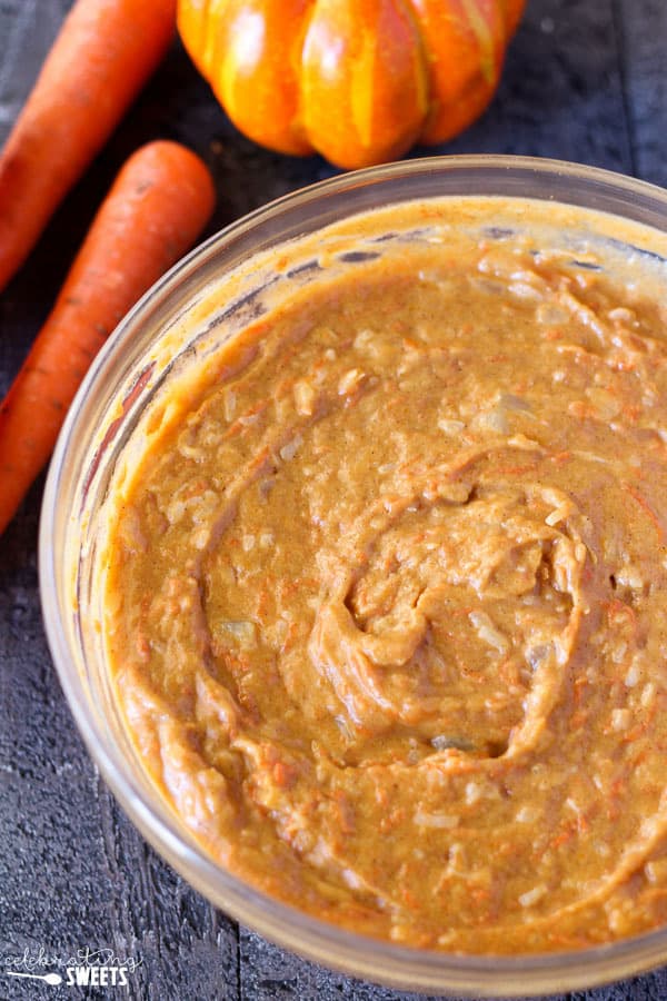 Carrot cake batter in a glass bowl