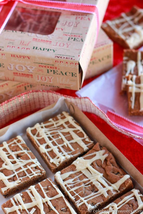 Gingerbread bars in a holiday box.