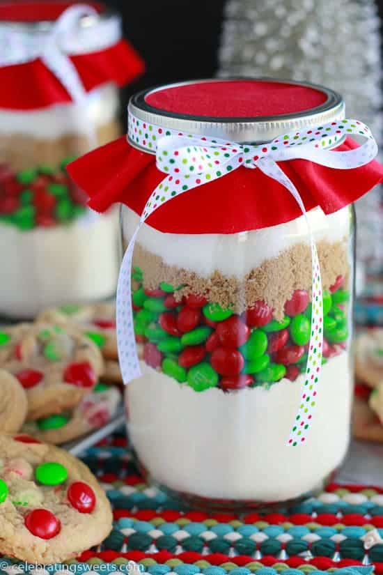 This contains an image of: Cookie Mix in a Jar - Mason jar gift filled with ingredients for baking cookies