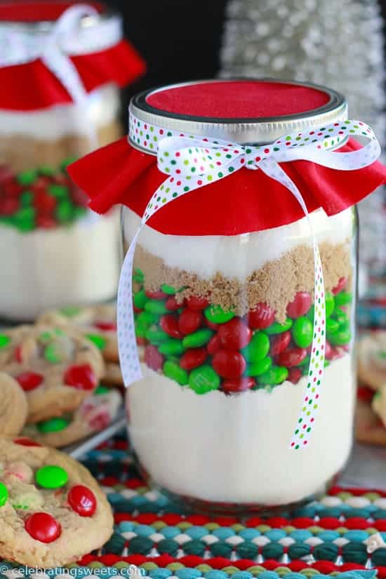 Cookie Mix in a Jar Mason jar gift filled with ingredients for baking cookies