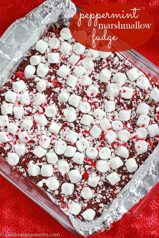 Baking dish of fudge topped with marshmallows and crushed candy canes.