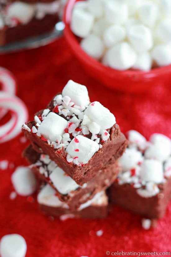 Piece of fudge topped with marshmallows and crushed candy canes.