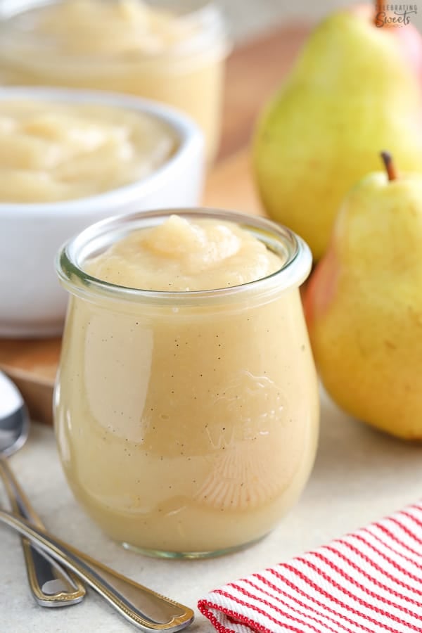 Pear sauce in a glass jar.