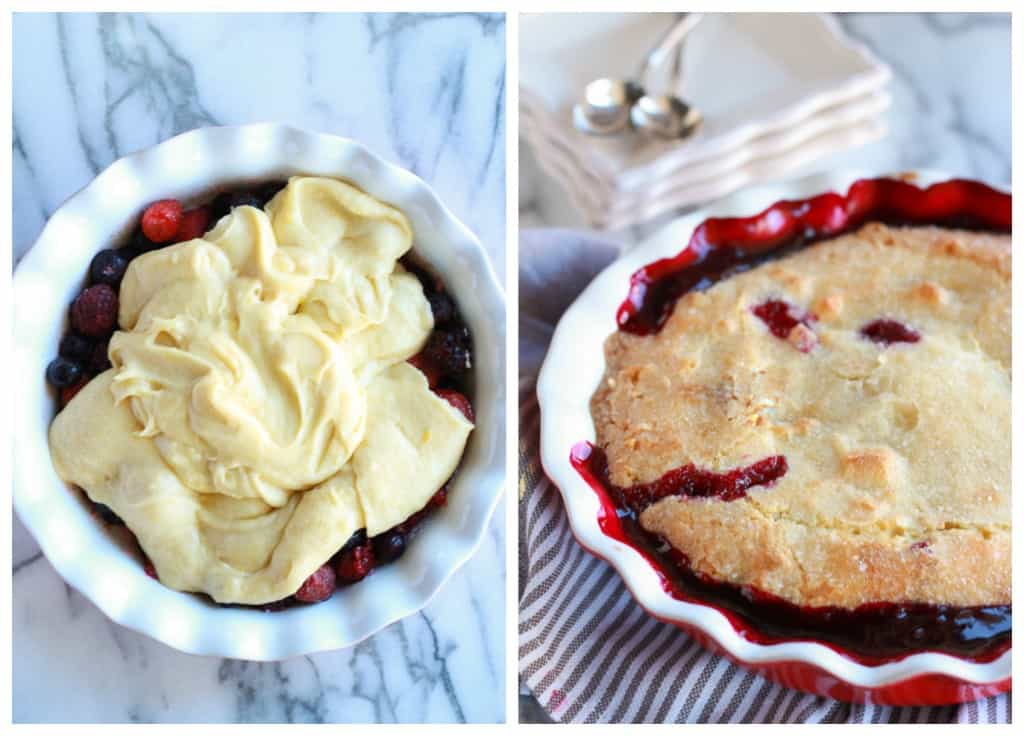 Berries topped with cake in a round baking dish.