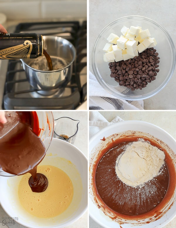 Steps to make Guinness Brownies (batter in a large white bowl).