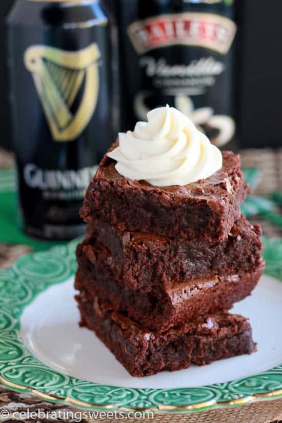 Guinness Brownies with Irish Cream Frosting - Fudgy brownies made with Guinness and topped with Irish cream frosting. Perfect for St. Patrick's Day!