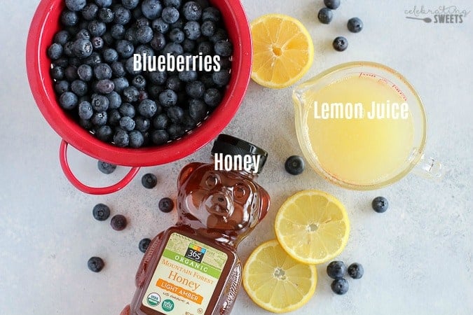 Ingredients for making Blueberry Lemonade. Blueberries, lemon juice and honey.