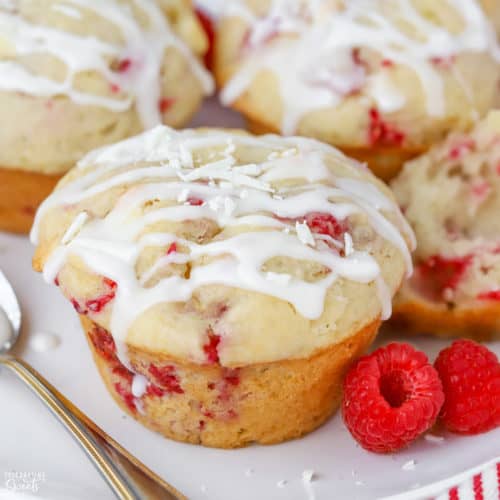 Closeup of Raspberry Muffin with white icing drizzle