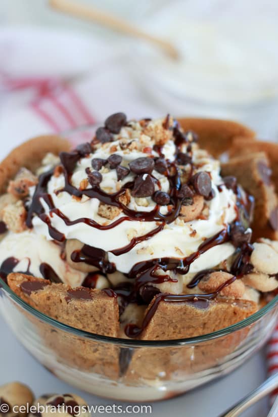 Large bowl of ice cream with chocolate chip cookies and fudge sauce.