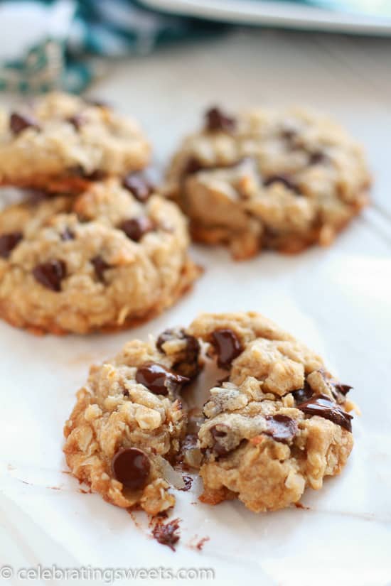 Coconut chocolate chip cookies on a piece of parchment paper.
