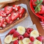 Bread topped with chocolate spread and fresh fruit.