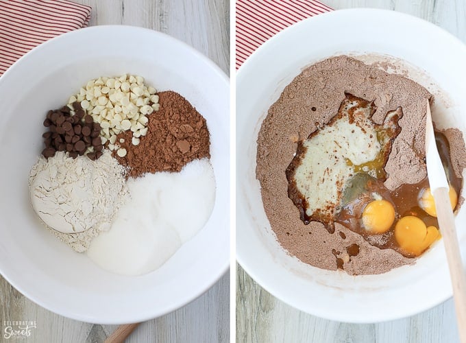 Ingredients for making brownies in a large white bowl. 