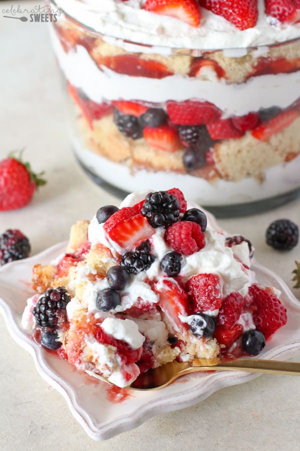 Berries, whipped cream, and cake on a white plate. 