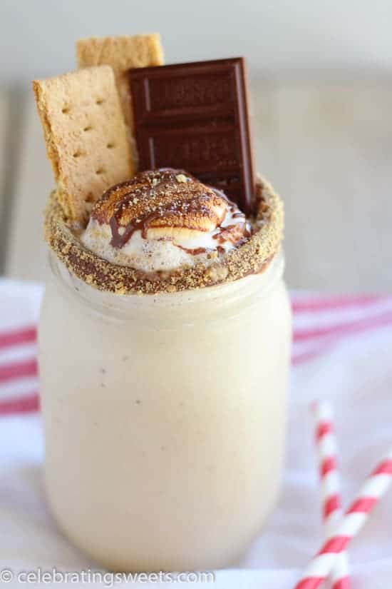 Milkshake topped with toasted marshmallow and chocolate.