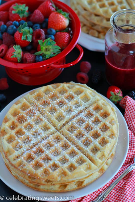 Waffles on a white plate.