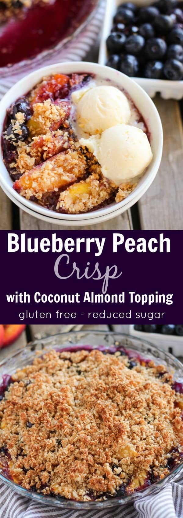 Blueberry peach crisp in a baking dish.