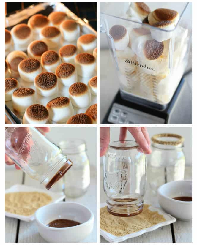 Toasted marshmallows and chocolate dipped mason jars for milkshakes. 