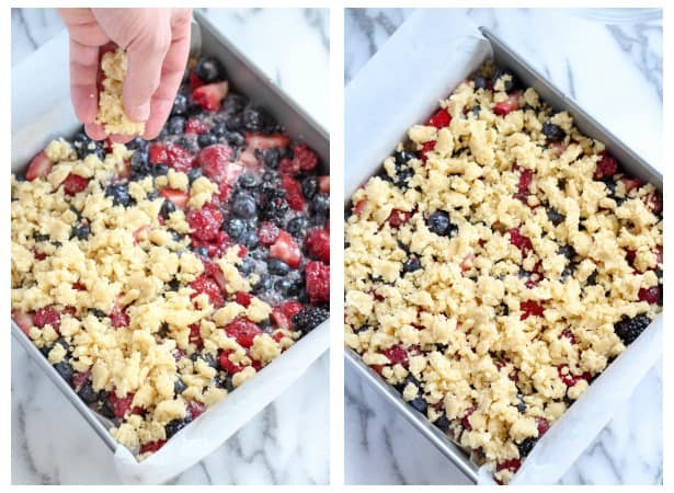 Step by step photo for making berry crumb bars.