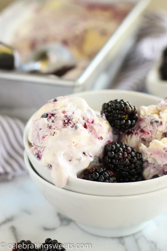 Blackberry vanilla ice cream in a bowl with blackberries.