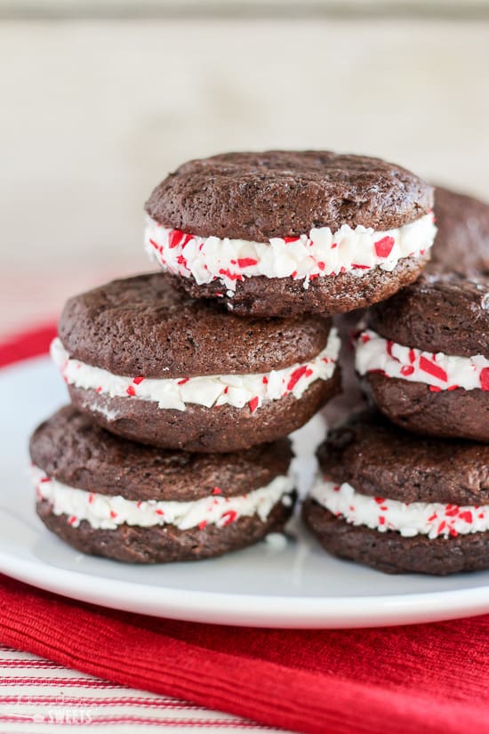 Stack of peppermint sandwich cookies.