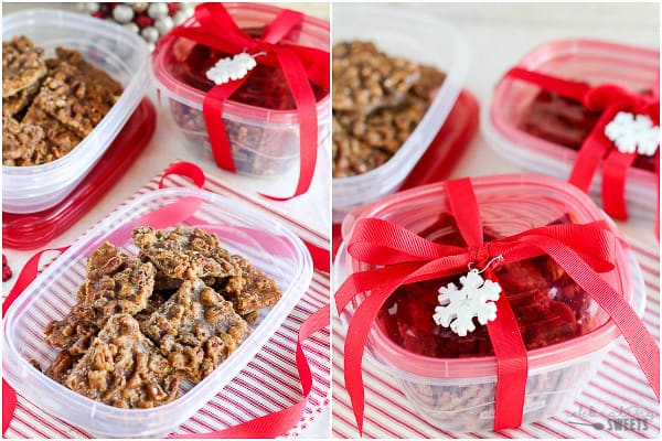 Toffee in plastic storage containers.